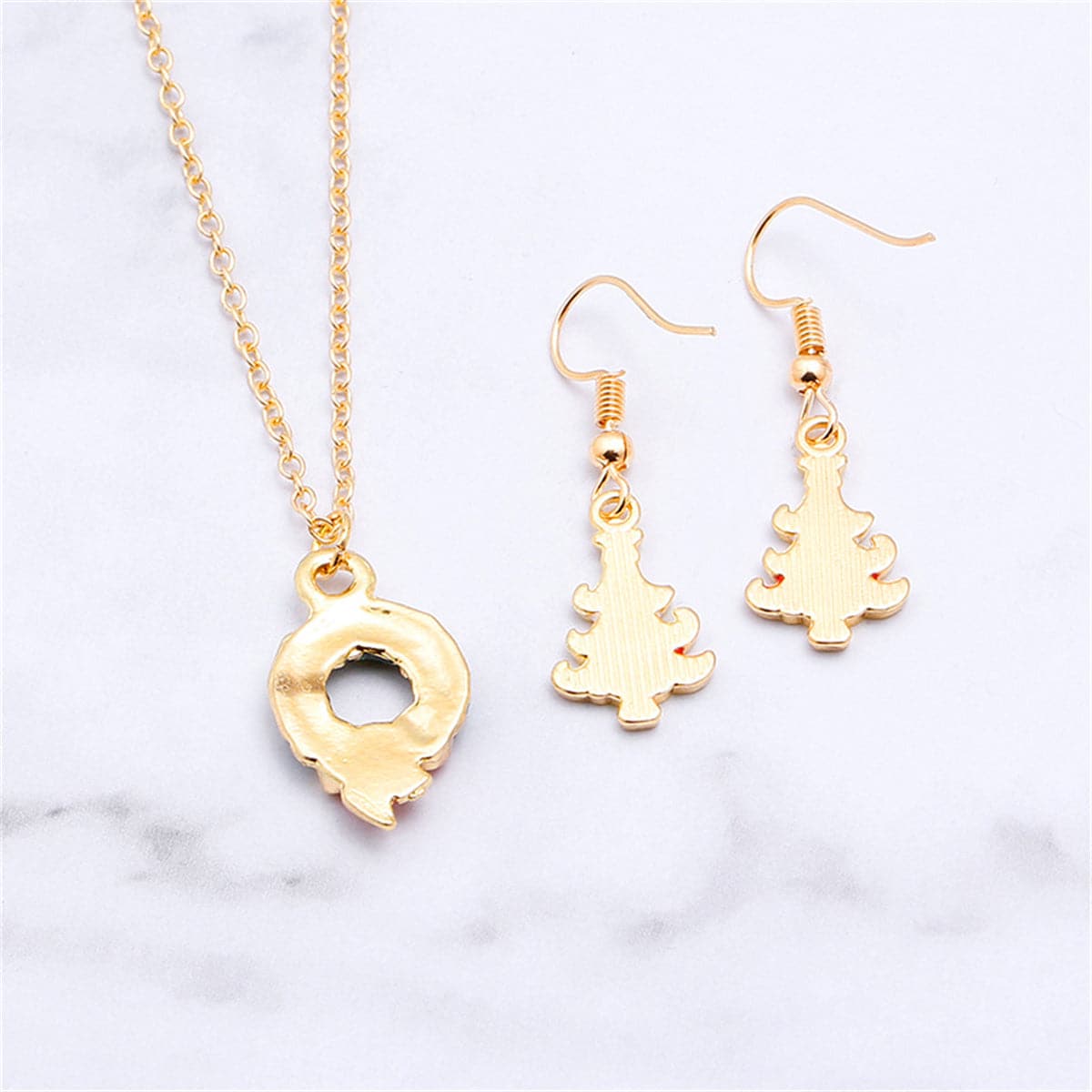Green Enamel and 18K Gold-Plated Wreath Pendant Necklace and Earrings, gold drop earrings for women, detail close-up