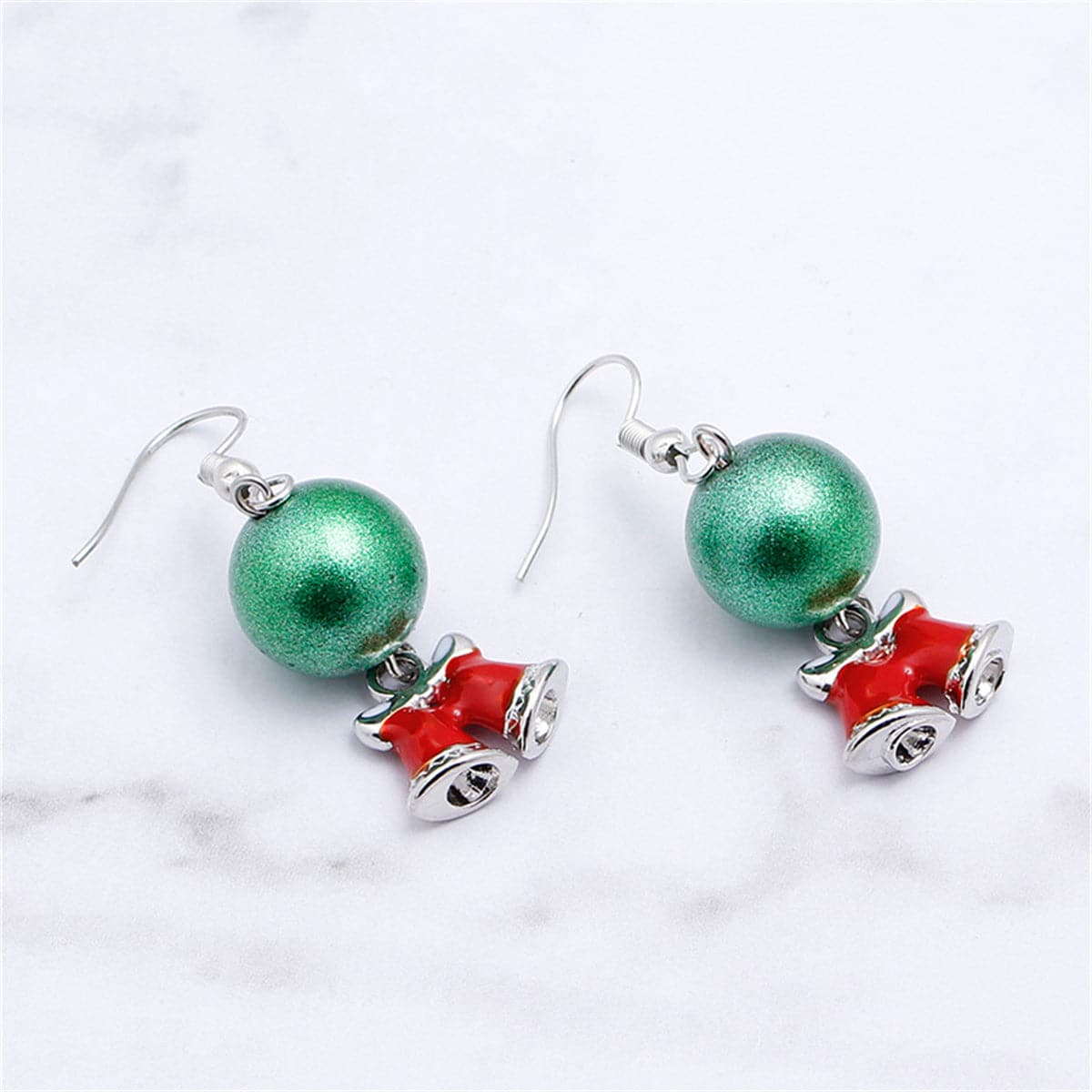 Green and Silver-Plated Ball Bell Drop Earrings, silver drop earrings for women, elegant gift for her, detail close-up