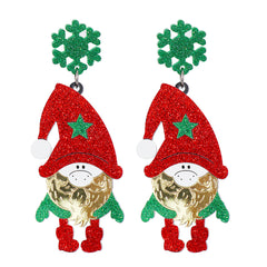 Red & Green Glitter Tiered Snowflake Gnome Drop Earrings