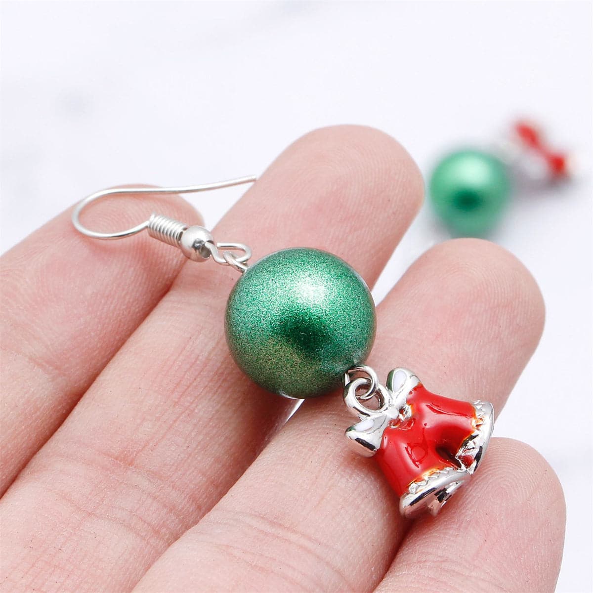 Green and Silver-Plated Ball Bell Drop Earrings, silver drop earrings for women, elegant gift for her, side view