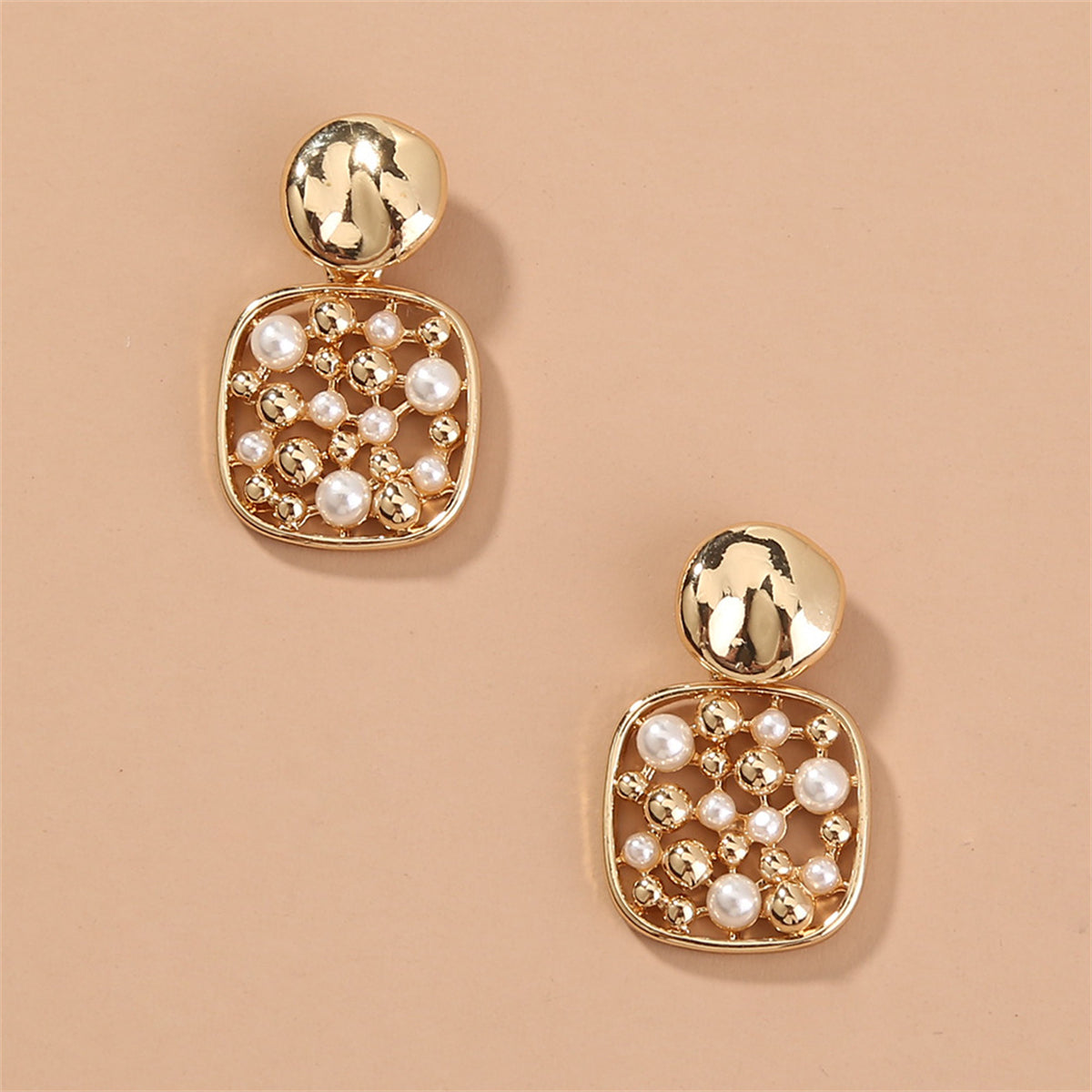 Pearl and 18K Gold-Plated Square Bezel-Set Drop Earrings, gold drop earrings for women, lifestyle look