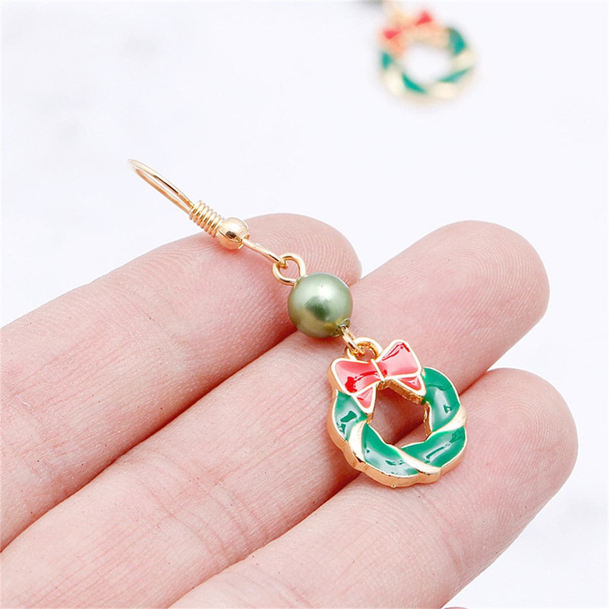 Green Enamel and Acrylic 18K Gold-Plated Bow Wreath Drop Earrings, gold drop earrings for women, side view