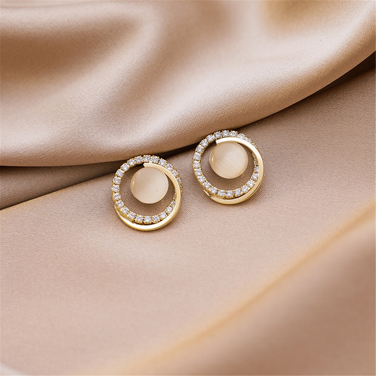Cats Eye & Clear Cubic Zirconia 18K Gold-Plated Round Stud Earrings