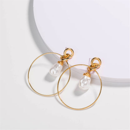 Pearl and 18K Gold-Plated Circle Drop Earrings, gold drop earrings for women, everyday style, front view