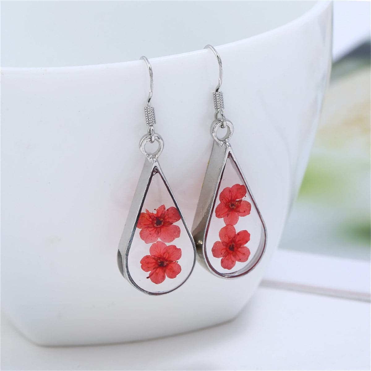 Double Red Pressed Peach Flower and Silver-Plated Drop Earrings, silver drop earrings for women, everyday style, side view