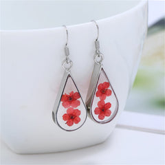 Double Red Pressed Peach Flower & Silver-Plated Drop Earrings