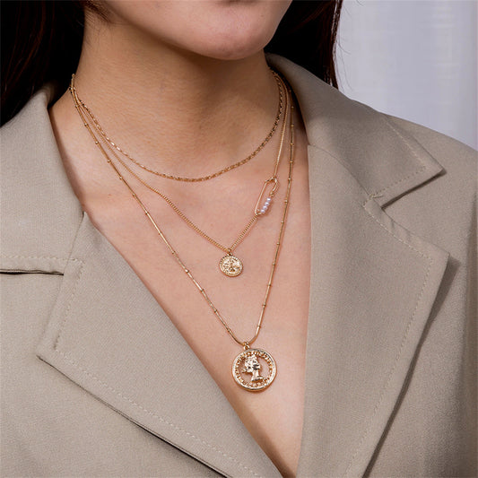 Pearl and 18K Gold-Plated Coin Layered Pendant Necklace, gold pendant necklace for women, front view