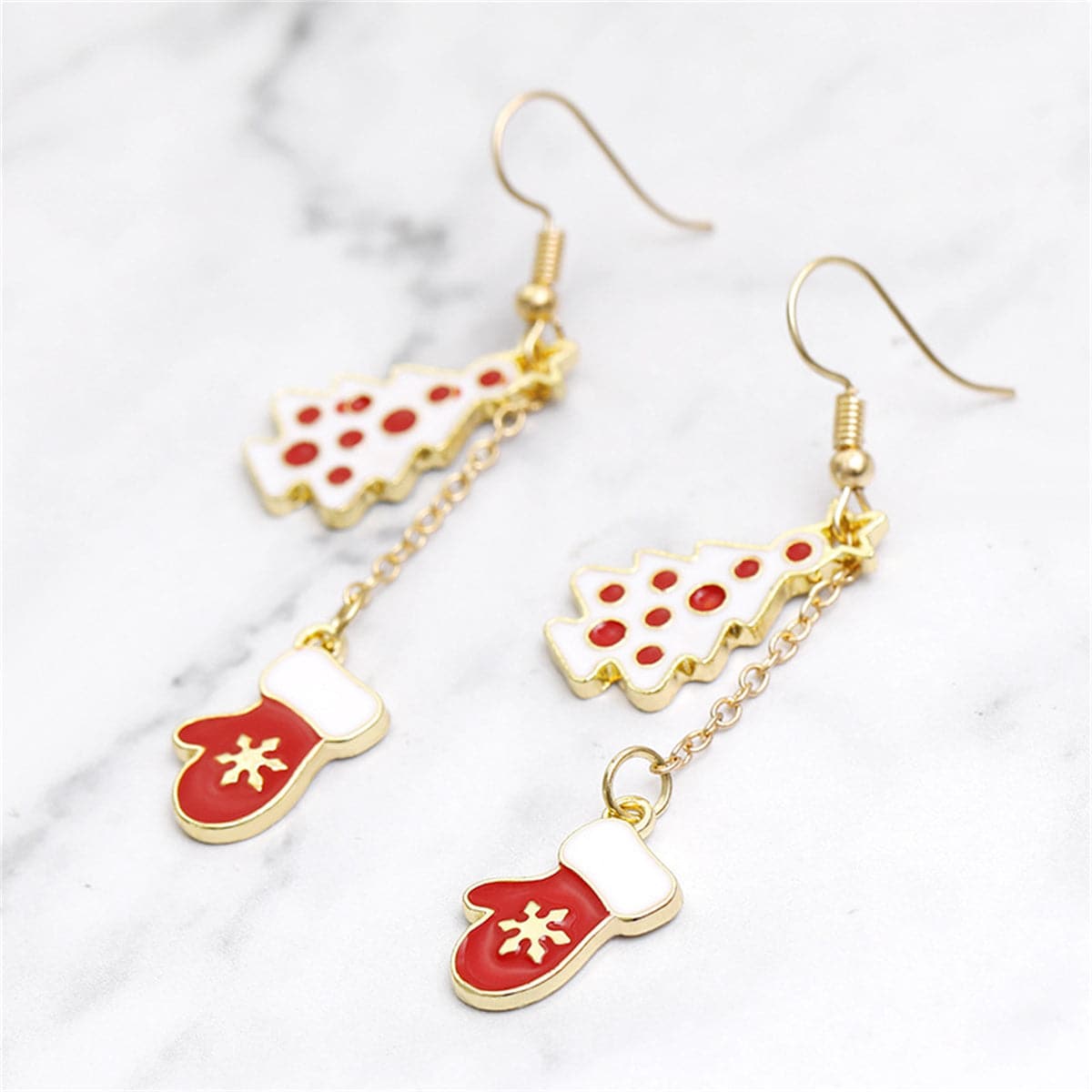 Red and White Tree and Mittens Drop Earrings, drop earrings for women, botanical inspired, side view