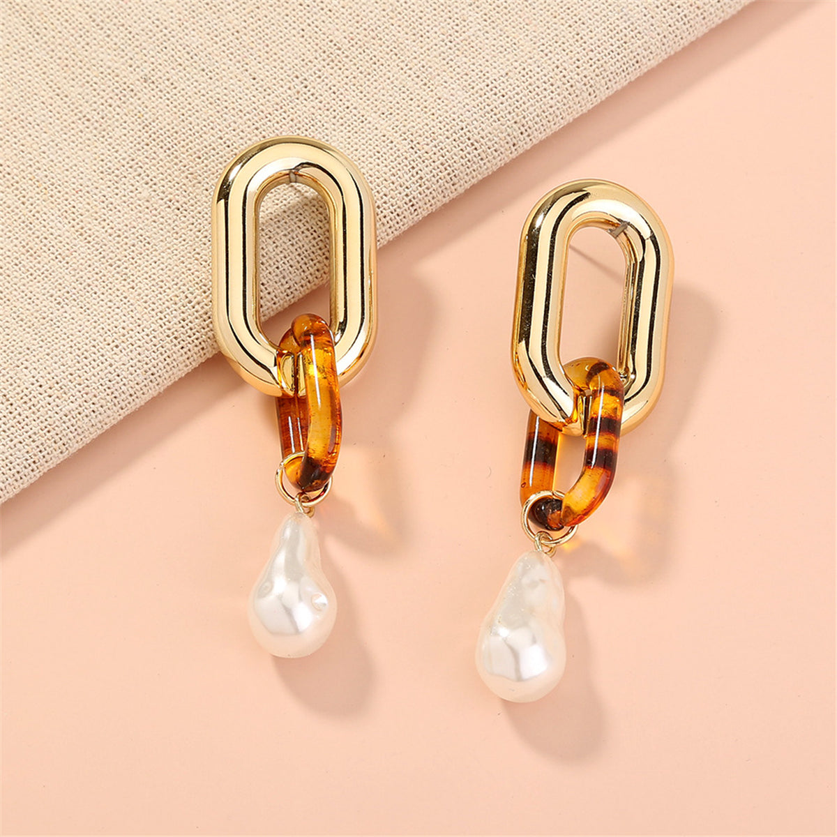 Pearl and Resin 18K Gold-Plated Leopard-Print Drop Earrings, gold drop earrings for women, vintage-inspired design, side view