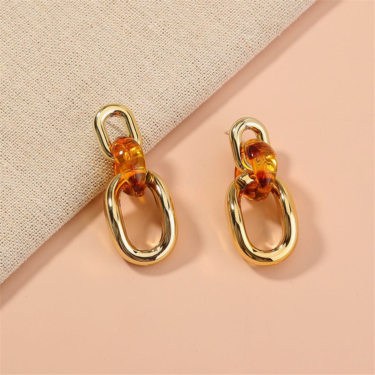 Orange and 18K Gold-Plated Link Drop Earrings, gold drop earrings for women, everyday style, side view
