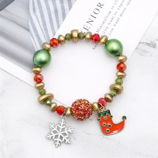Red Enamel and Green Acrylic Snowflake Stocking Charm Stretch Bracelet, bracelet for women, front view