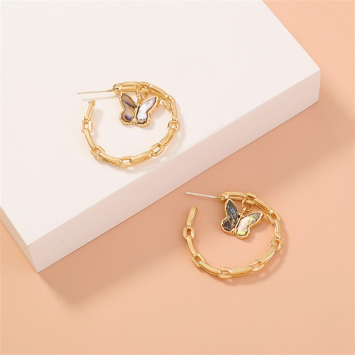 Abalone Shell and 18K Gold-Plated Butterfly Chain Hoop Earrings, gold drop earrings for women, everyday style, side view
