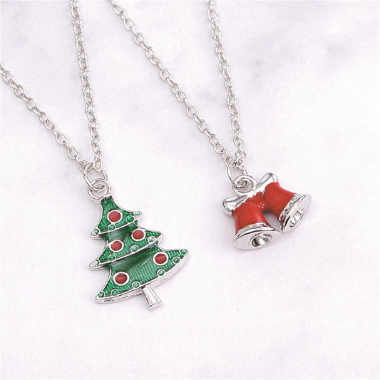 Green Silver-Plated Christmas Tree and Bells Pendant Necklace Set, jewelry gift sets for women, front view