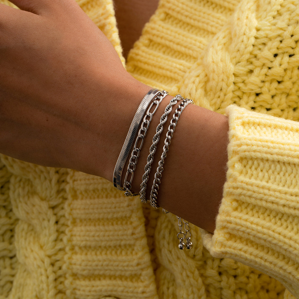 Silver-Plated Figaro Chain Bracelet Set, jewelry gift sets for women, everyday style, side view