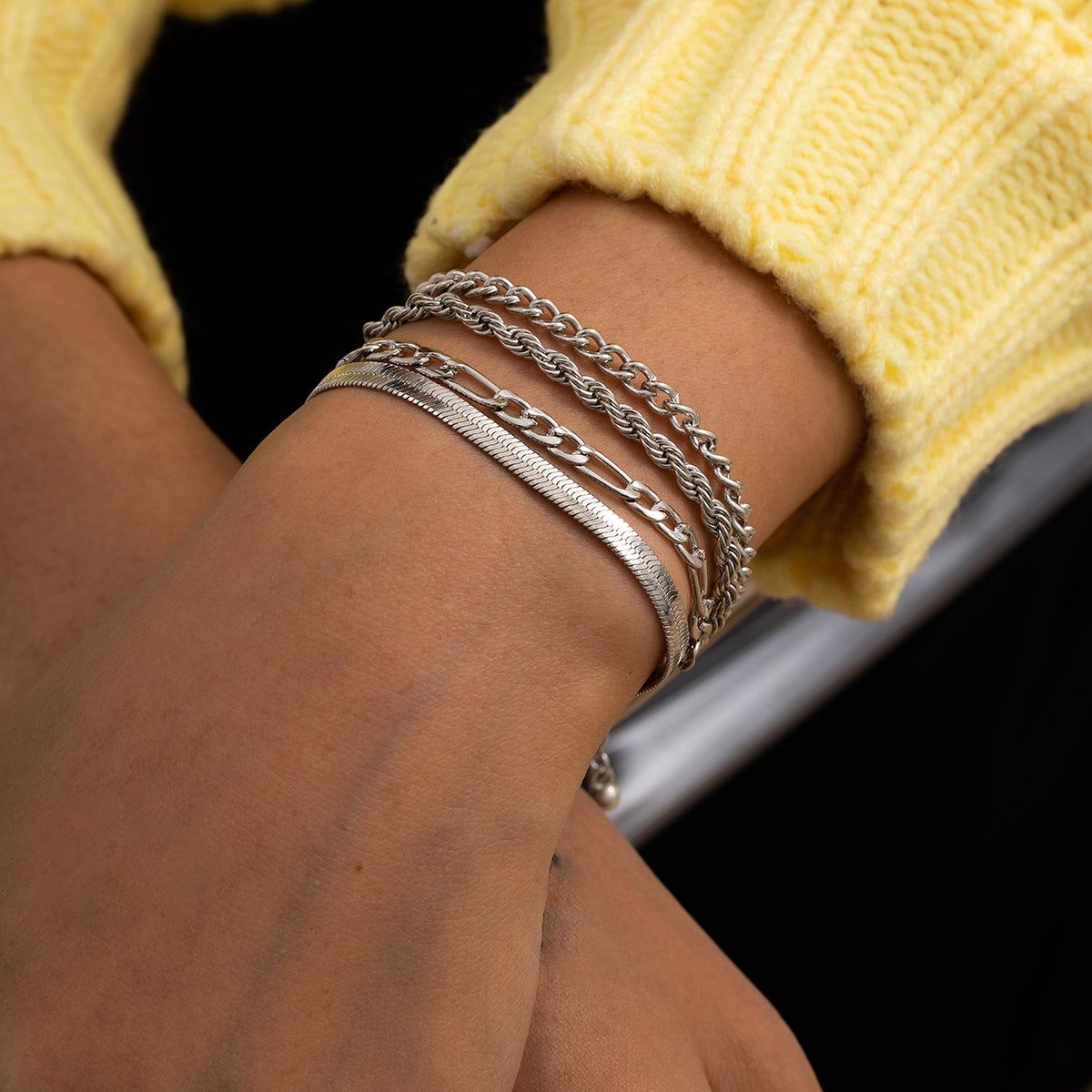 Silver-Plated Figaro Chain Bracelet Set, jewelry gift sets for women, everyday style, lifestyle look