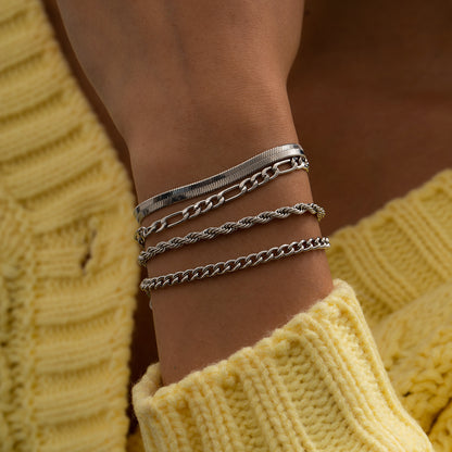 Silver-Plated Figaro Chain Bracelet Set, jewelry gift sets for women, everyday style, detail close-up