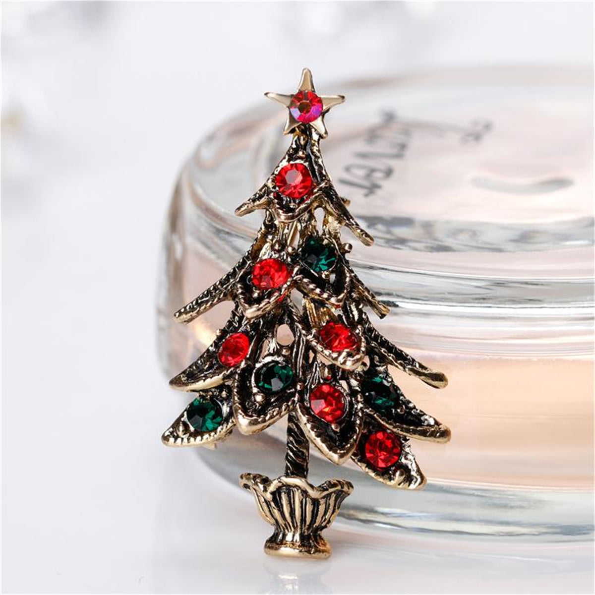 Cubic Zirconia and 18K Gold-Plated Christmas Tree Brooch, gold brooch pin, vintage-inspired design, side view