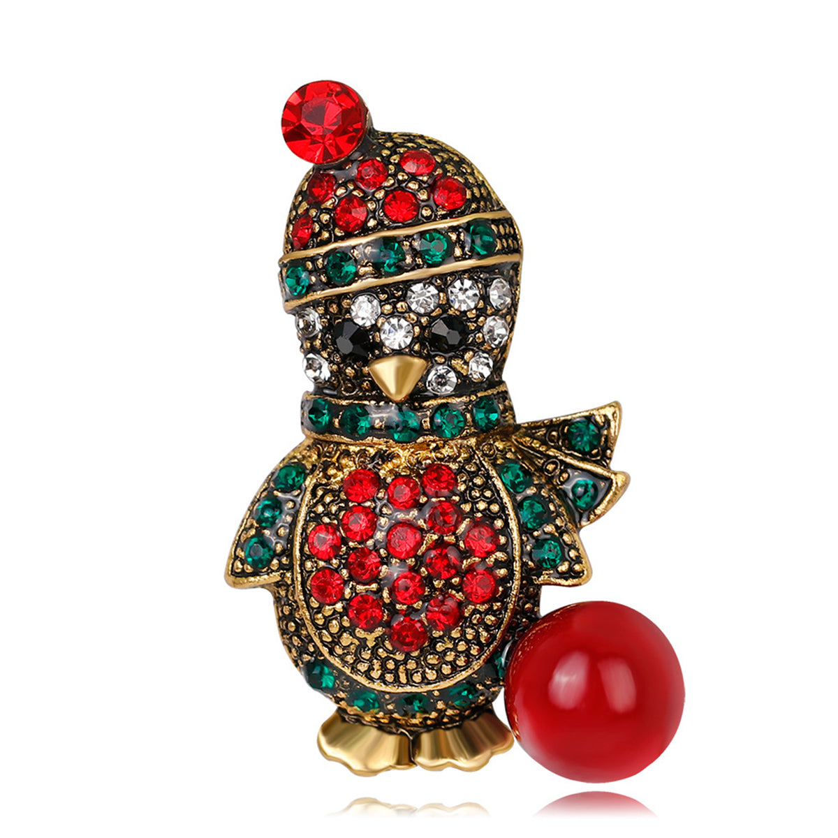 Cubic Zirconia & Red Resin Enamel Penguin Brooch