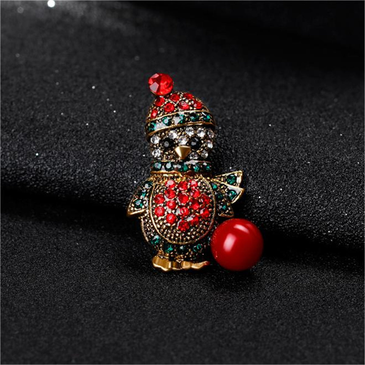 Cubic Zirconia & Red Resin Enamel Penguin Brooch