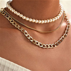 Pearl & 18K Gold-Plated Figaro Chain Layered Necklace