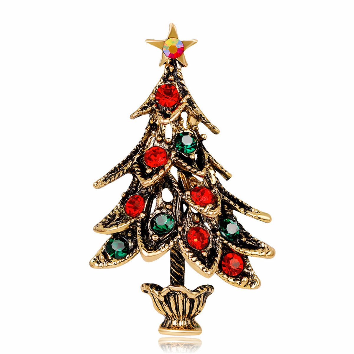 Cubic Zirconia and 18K Gold-Plated Christmas Tree Brooch, gold brooch pin, vintage-inspired design, front view