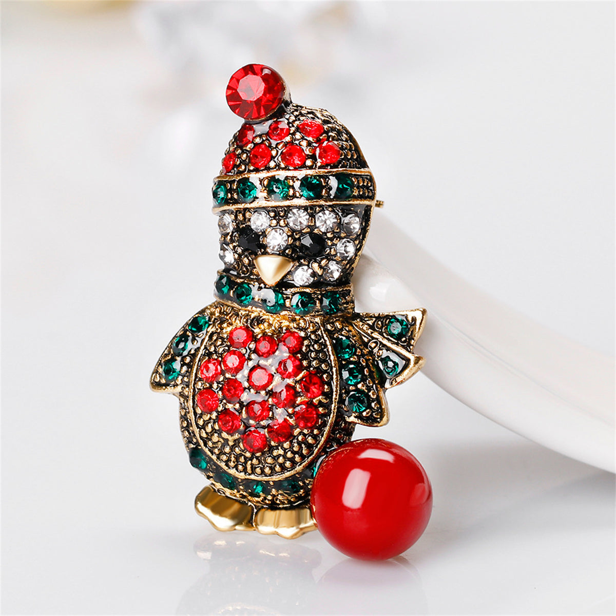 Cubic Zirconia & Red Resin Enamel Penguin Brooch