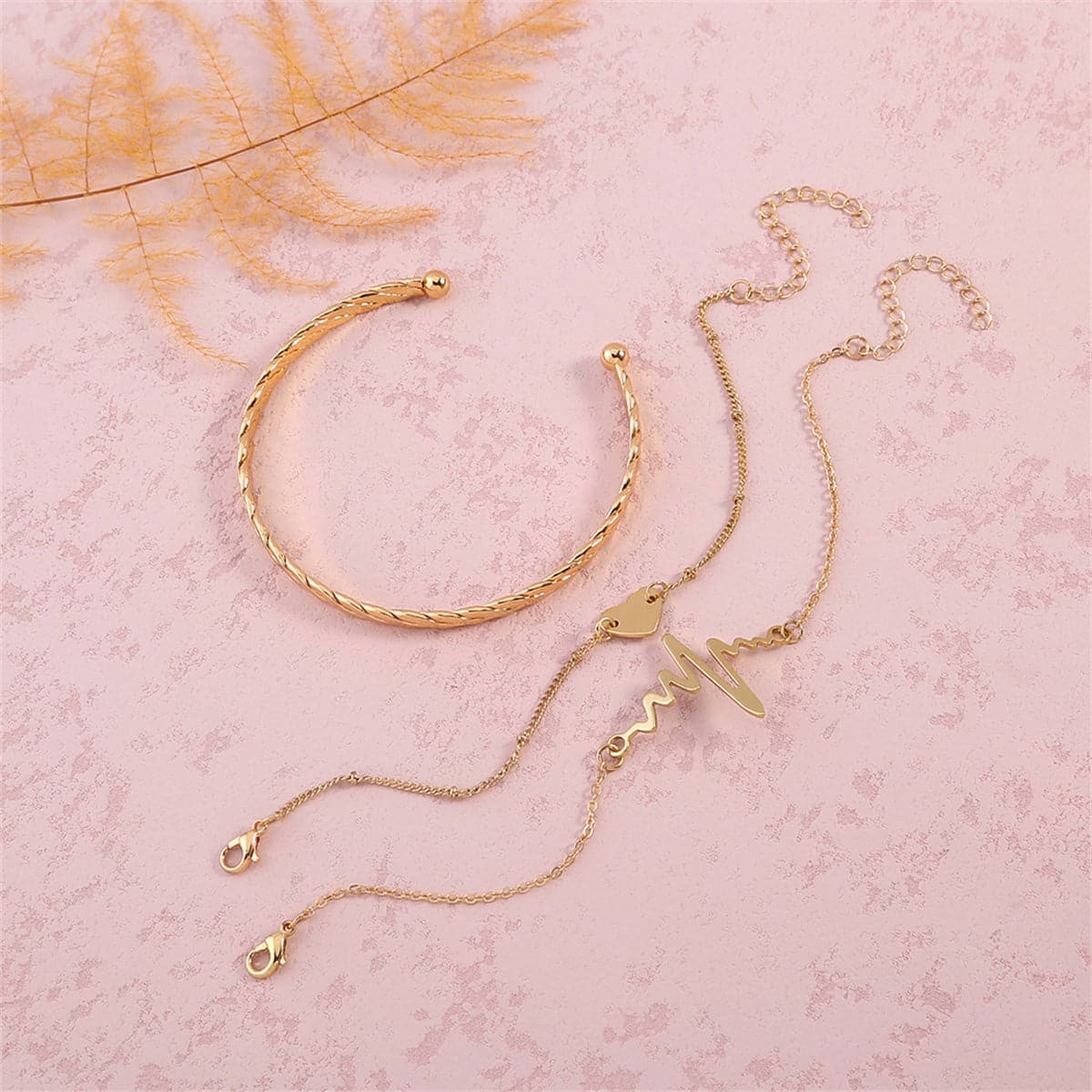 18K Gold-Plated Heartbeat Bracelet & Cuff Set