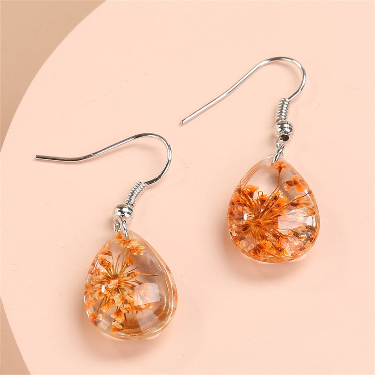 Orange Gypsophila and Silver-Plated Teardrop Earring, silver drop earrings for women, dainty minimalist design, front view