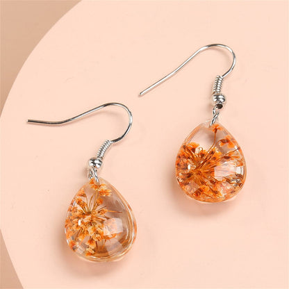Orange Gypsophila and Silver-Plated Teardrop Earring, silver drop earrings for women, dainty minimalist design, front view