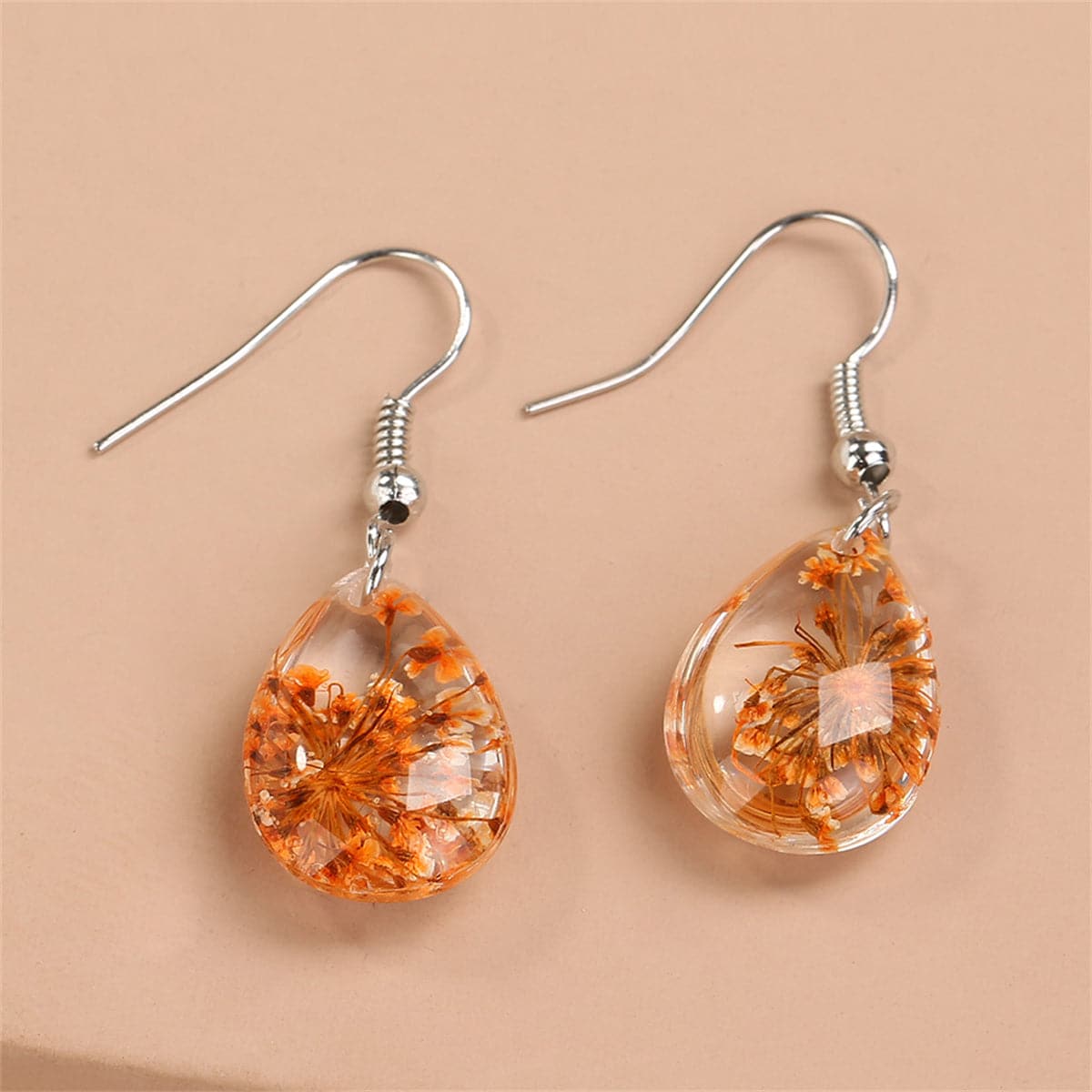 Orange Gypsophila and Silver-Plated Teardrop Earring, silver drop earrings for women, dainty minimalist design, side view