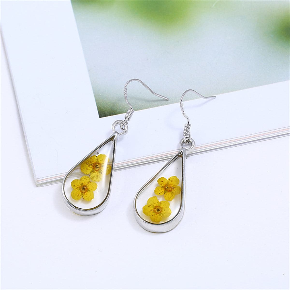 Double Yellow Pressed Peach Flower and Silver-Plated Drop Earrings, silver drop earrings for women, side view