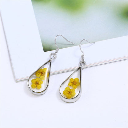 Double Yellow Pressed Peach Flower and Silver-Plated Drop Earrings, silver drop earrings for women, side view