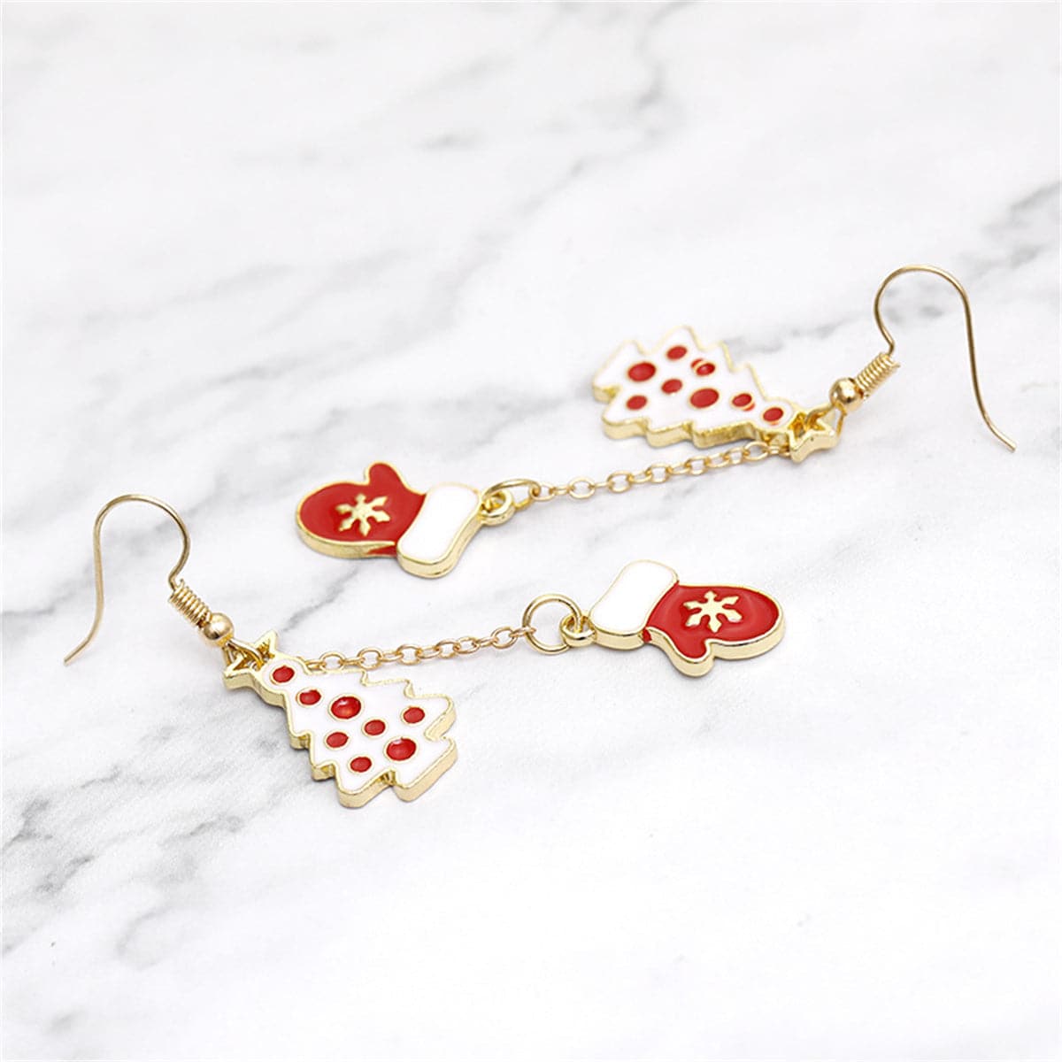 Red and White Tree and Mittens Drop Earrings, drop earrings for women, botanical inspired, detail close-up