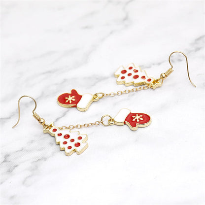 Red and White Tree and Mittens Drop Earrings, drop earrings for women, botanical inspired, detail close-up
