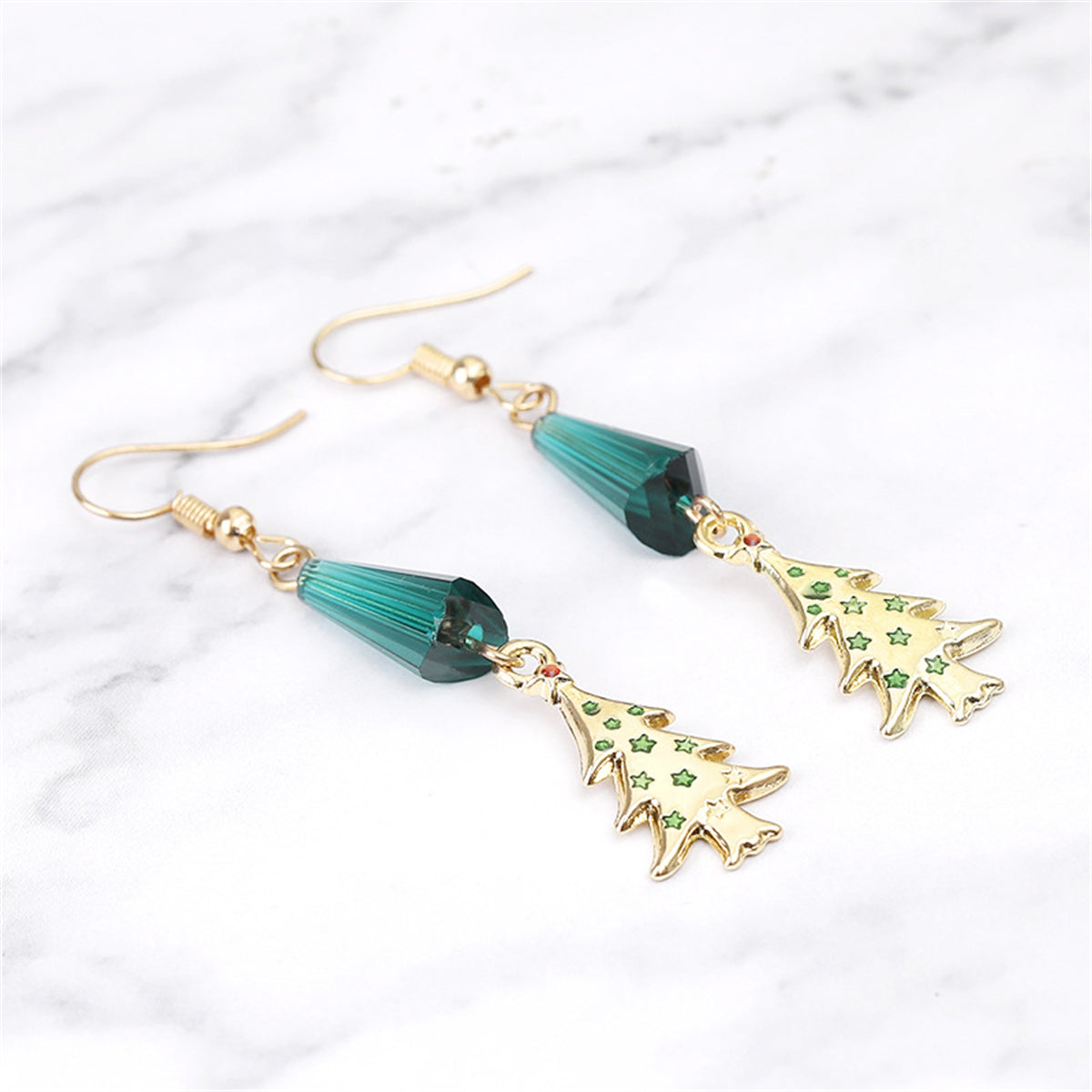 Teal Acrylic and 18K Gold-Plated Christmas Tree Drop Earrings, gold drop earrings for women, everyday style, detail close-up