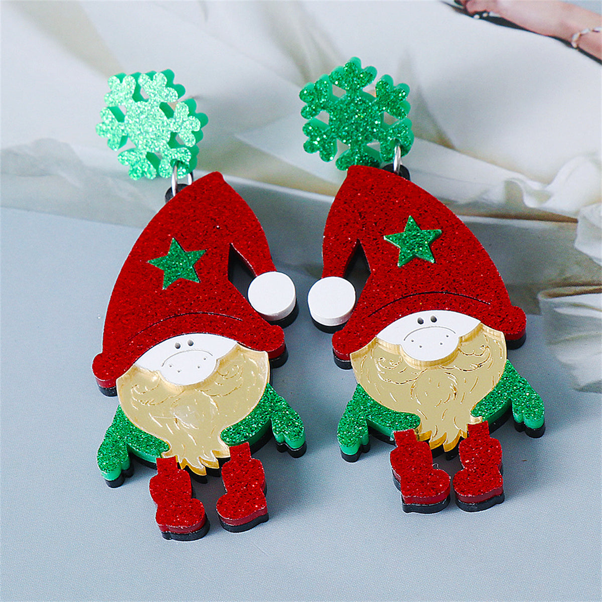 Red & Green Glitter Tiered Snowflake Gnome Drop Earrings