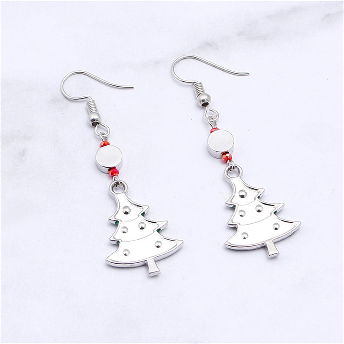 Red Rhinestone and Green Enamel Christmas Tree Drop Earrings, drop earrings for women, everyday style, detail close-up