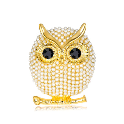 Cubic Zirconia and Pearl 18K Gold-Plated Owl Brooch, gold brooch pin, dainty minimalist design, front view