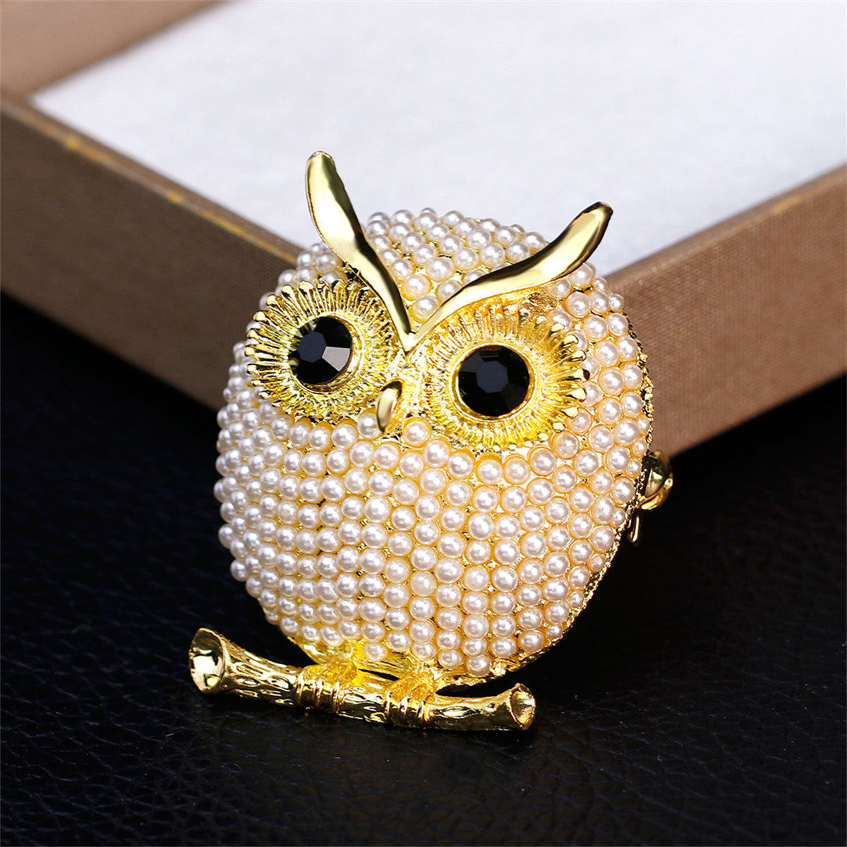 Cubic Zirconia and Pearl 18K Gold-Plated Owl Brooch, gold brooch pin, dainty minimalist design, detail close-up