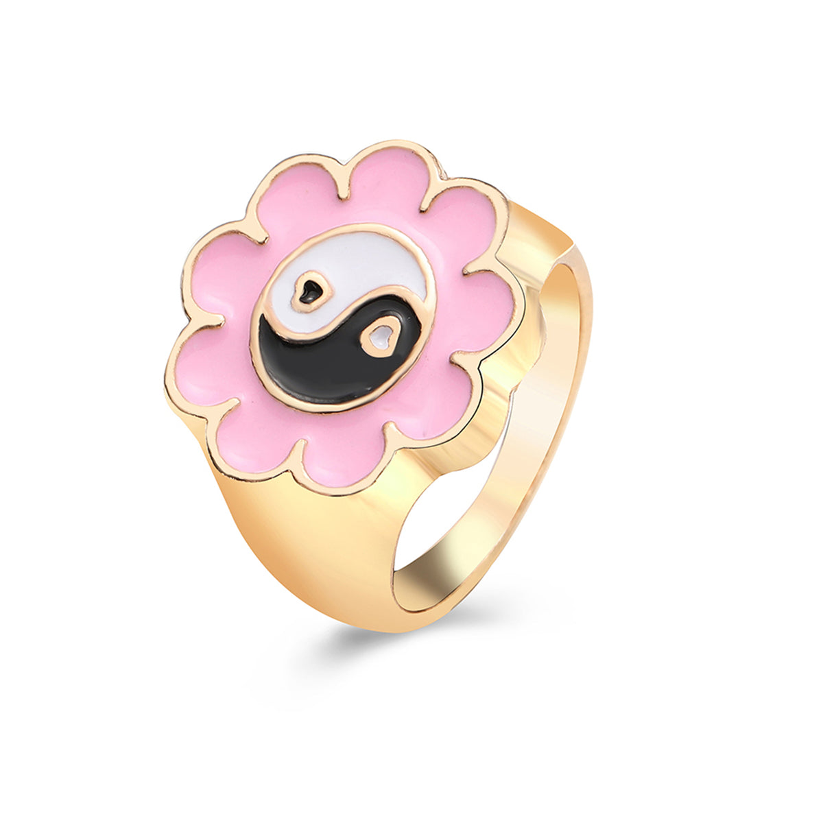 Black Enamel and 18K Gold-Plated Yin Yang Flower Ring, gold statement rings for women, everyday style, front view