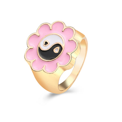 Black Enamel and 18K Gold-Plated Yin Yang Flower Ring, gold statement rings for women, everyday style, front view