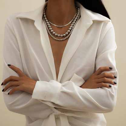 Silver-Plated Herringbone Chain Choker Necklace Set, jewelry gift sets for women, botanical inspired, detail close-up