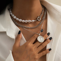 Pearl & Silver-Plated Coin Pendant Necklace Set