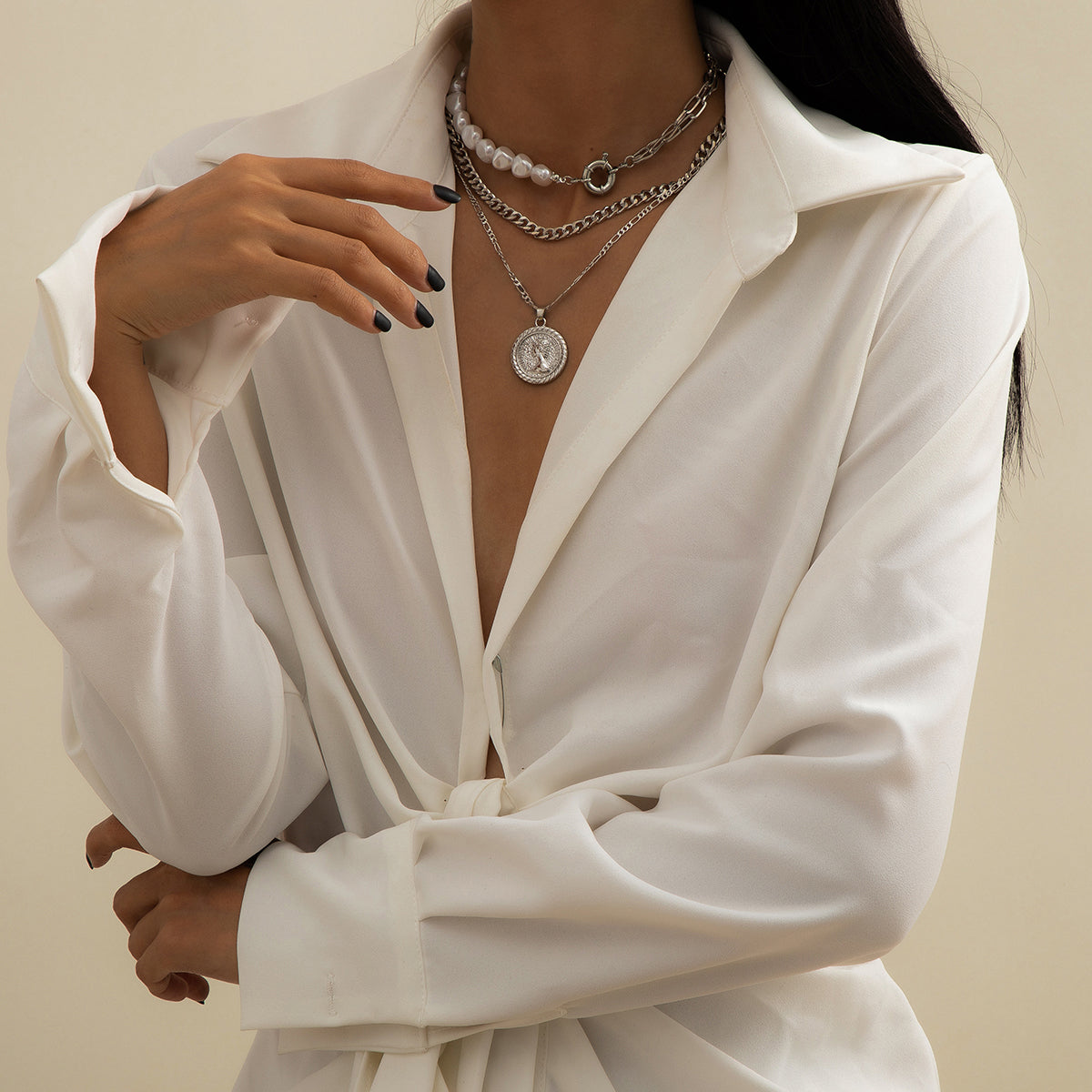 Pearl & Silver-Plated Coin Pendant Necklace Set