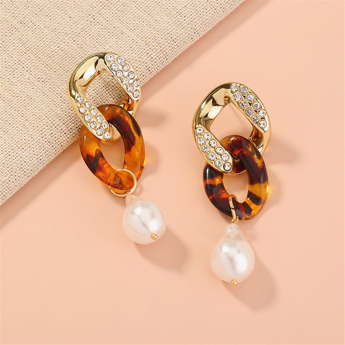 Pearl and Cubic Zirconia Resin 18K Gold-Plated Chain Link Drop Earrings, gold drop earrings for women, lifestyle look