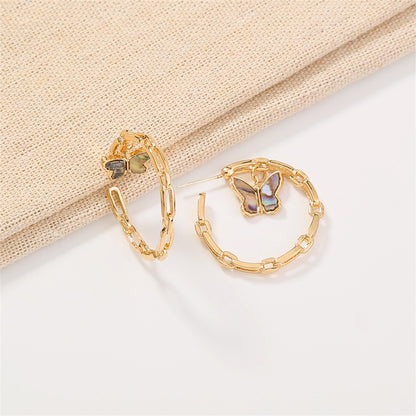 Abalone Shell and 18K Gold-Plated Butterfly Chain Hoop Earrings, gold drop earrings for women, detail close-up