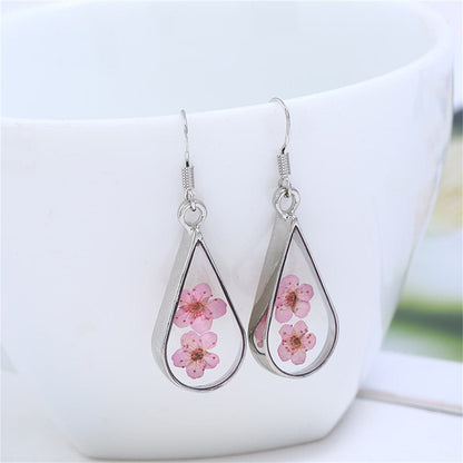 Pink Pressed Flower and Silver-Plated Teardrop Earrings, silver drop earrings for women, elegant gift for her, side view