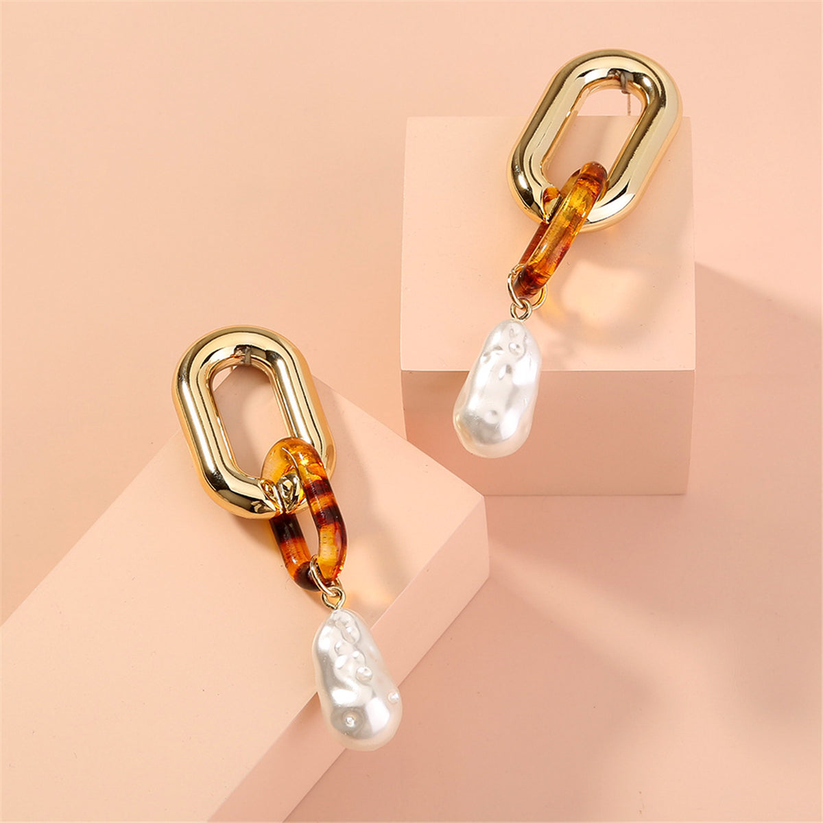 Pearl and Resin 18K Gold-Plated Leopard-Print Drop Earrings, gold drop earrings for women, detail close-up