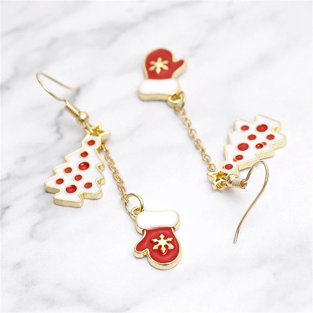 Red & White Tree & Mittens Drop Earrings