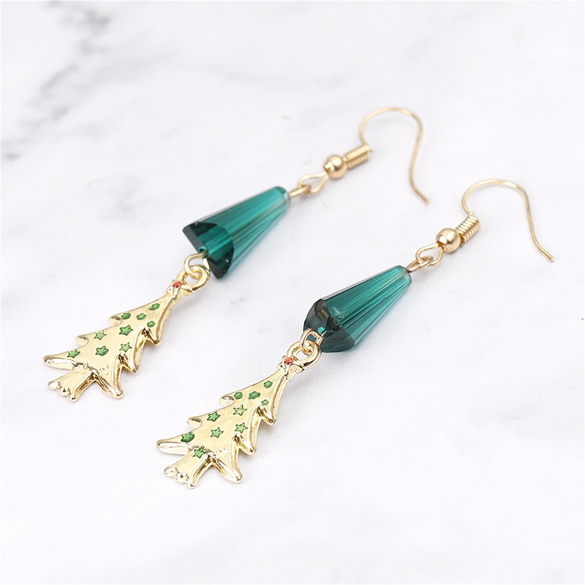 Teal Acrylic and 18K Gold-Plated Christmas Tree Drop Earrings, gold drop earrings for women, everyday style, side view